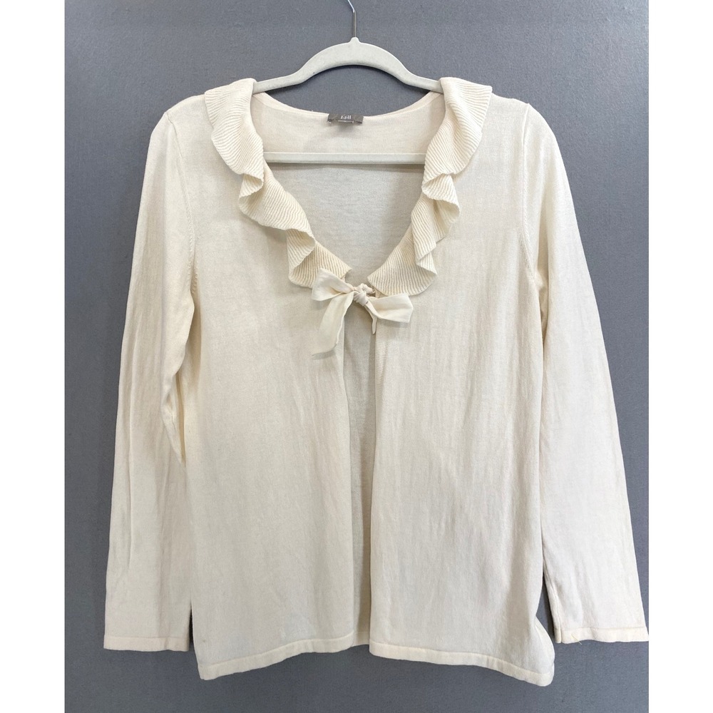 J. Jill Women's M Cream Silk Cotton Cashmere Ruffle Tie Front Cardigan Sweater